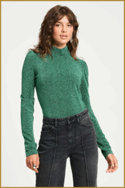 POM Amsterdam Turtleneck Glitter Pine Green – dames top met col en glans