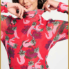 POM Amsterdam turtleneck Picnic Delight rood – dames mesh top met print