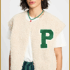 POM Amsterdam Gilet Teddy Baseball Ecru – dames gilet in ecru met varsity P-patch