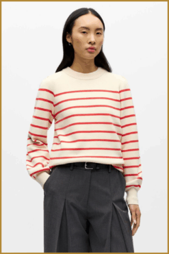 Object trui met ballonmouw wit met rood dames – gestreepte trui Object