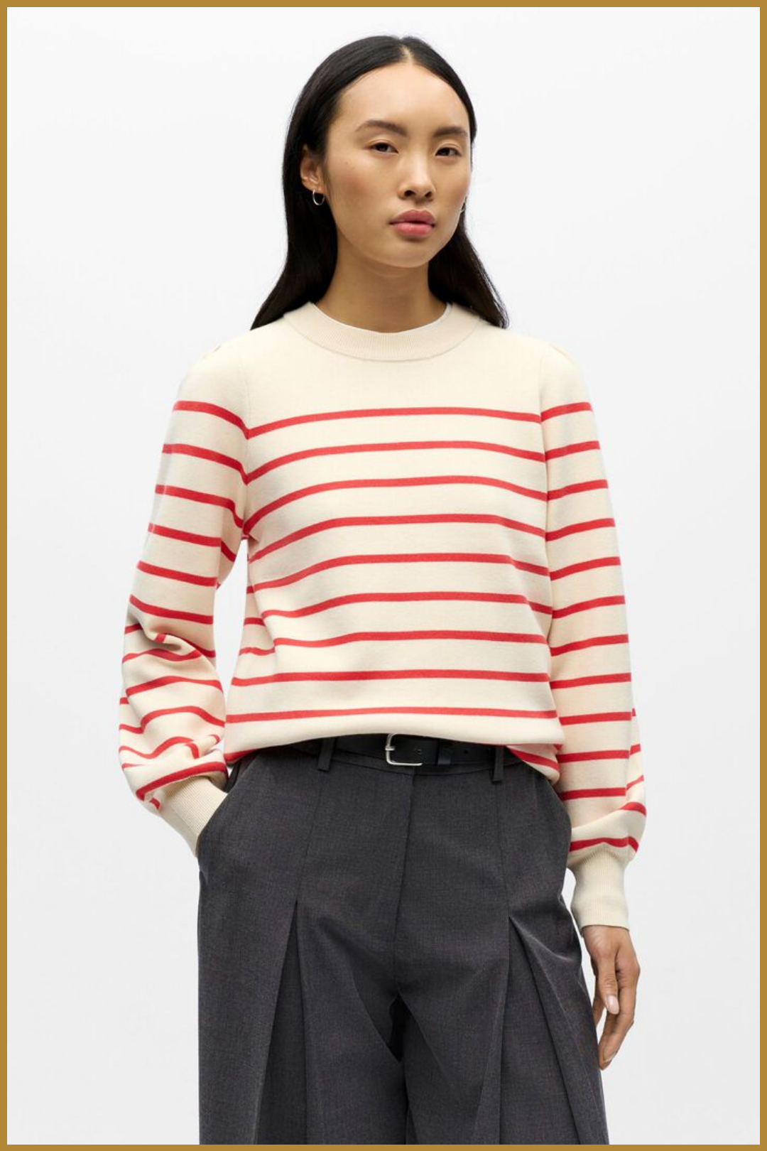 OBJECT- OBJREYNARD L/S pointsetta-OBJ260003 Object trui met ballonmouw wit met rood dames – gestreepte trui Object